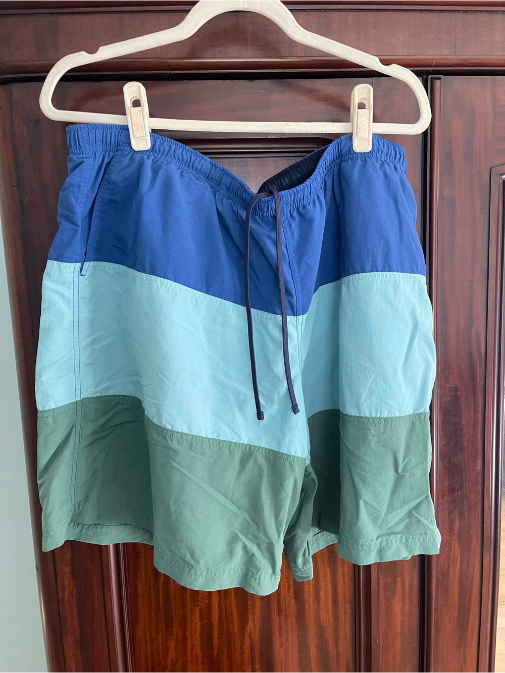 L.L. Bean Three-Panel Colorblock Swim Trunks in Blue, Light Blue, and Green